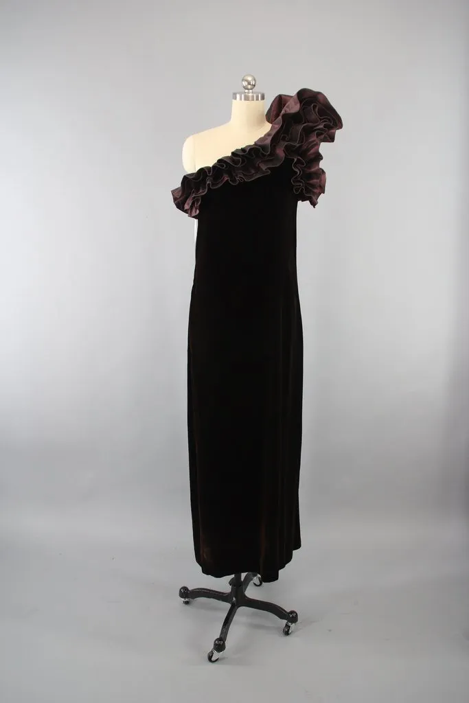 Vintage 1980s Brown Velvet Off Shoulder VICTOR COSTA Evening Gown