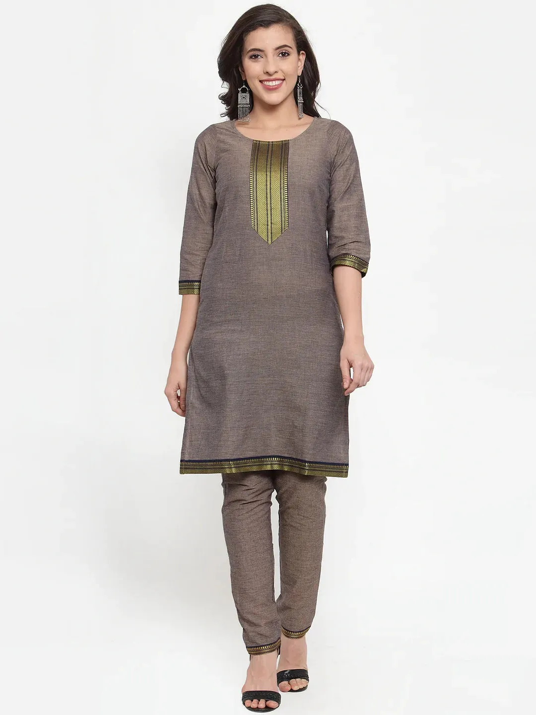 Women Grey Solid Kurta With Trousers & Dupatta