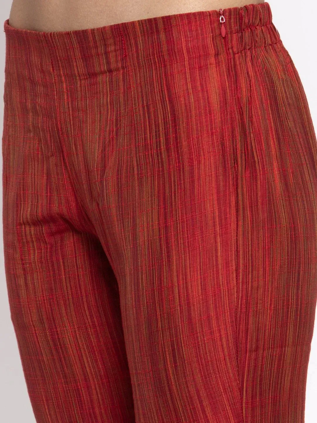 Women Red Self-Striped Kurta With Trousers & Art Silk Dupatta