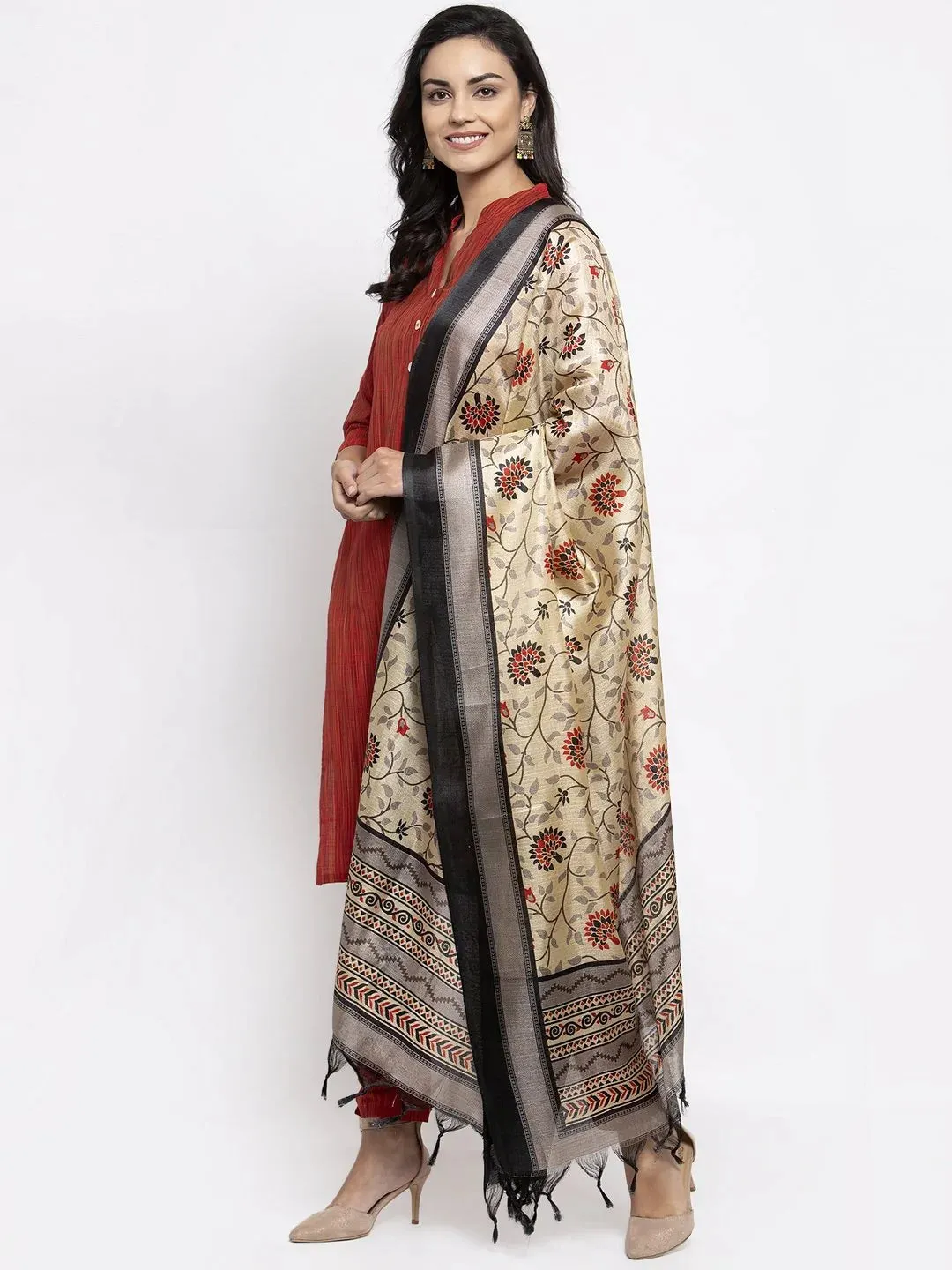 Women Red Self-Striped Kurta With Trousers & Art Silk Dupatta