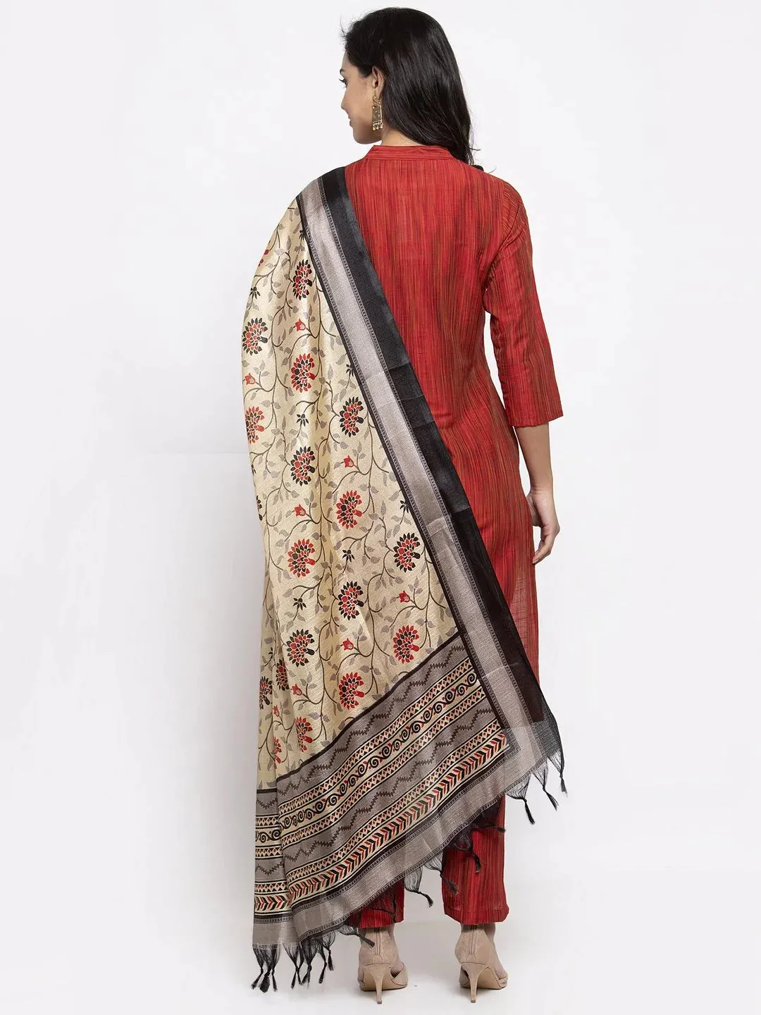 Women Red Self-Striped Kurta With Trousers & Art Silk Dupatta