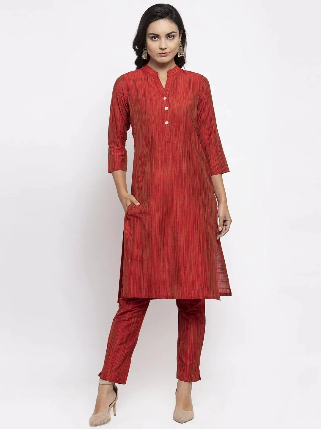 Women Red Self-Striped Kurta With Trousers & Art Silk Dupatta