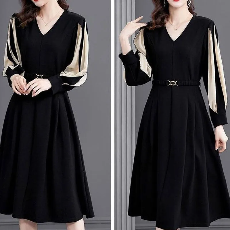 Women Solid Color Patchwork Midi Dress Elegant V-Neck All-match Spring Autumn A-Line Waist Dress - WD8030