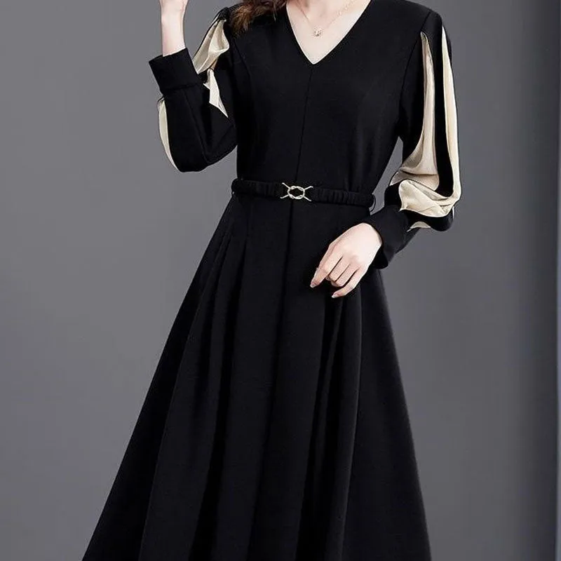 Women Solid Color Patchwork Midi Dress Elegant V-Neck All-match Spring Autumn A-Line Waist Dress - WD8030