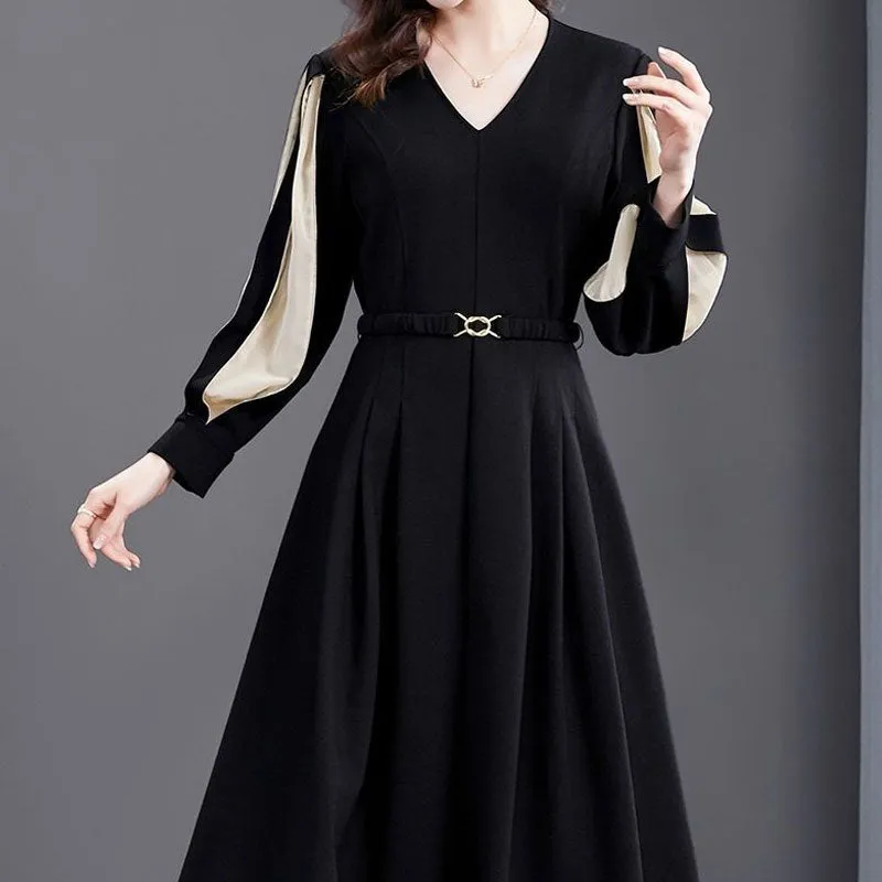 Women Solid Color Patchwork Midi Dress Elegant V-Neck All-match Spring Autumn A-Line Waist Dress - WD8030