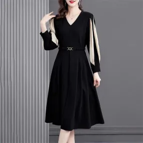 Women Solid Color Patchwork Midi Dress Elegant V-Neck All-match Spring Autumn A-Line Waist Dress - WD8030