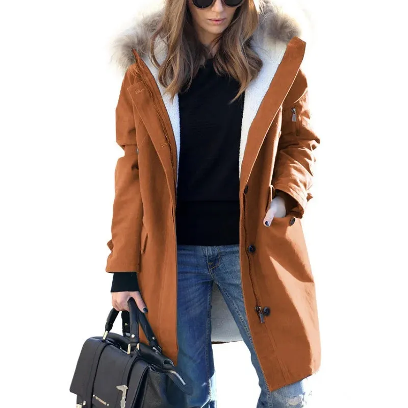 Women Trench Coat Thin Hooded Zip  Jacket Fashion Pockets Fur Collar With Lined Windbreaker S-5XL