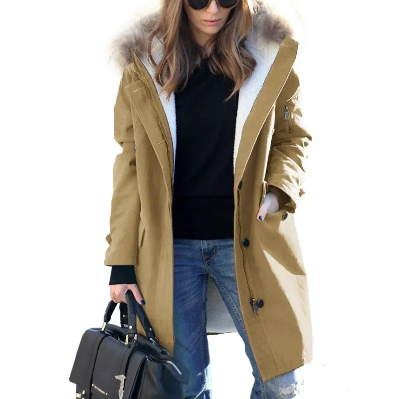 Women Trench Coat Thin Hooded Zip  Jacket Fashion Pockets Fur Collar With Lined Windbreaker S-5XL