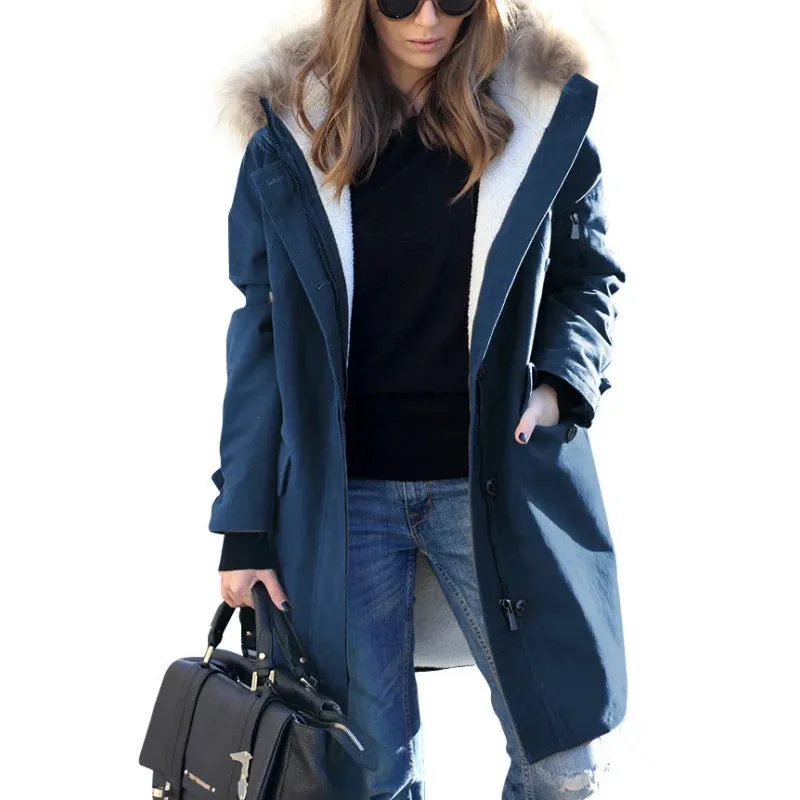 Women Trench Coat Thin Hooded Zip  Jacket Fashion Pockets Fur Collar With Lined Windbreaker S-5XL