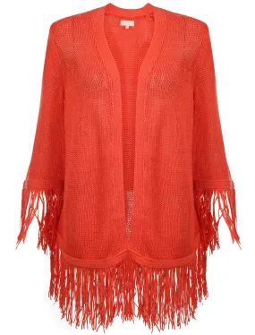 Women's fringed hem and cuffs coral cardigan - Plum Tree