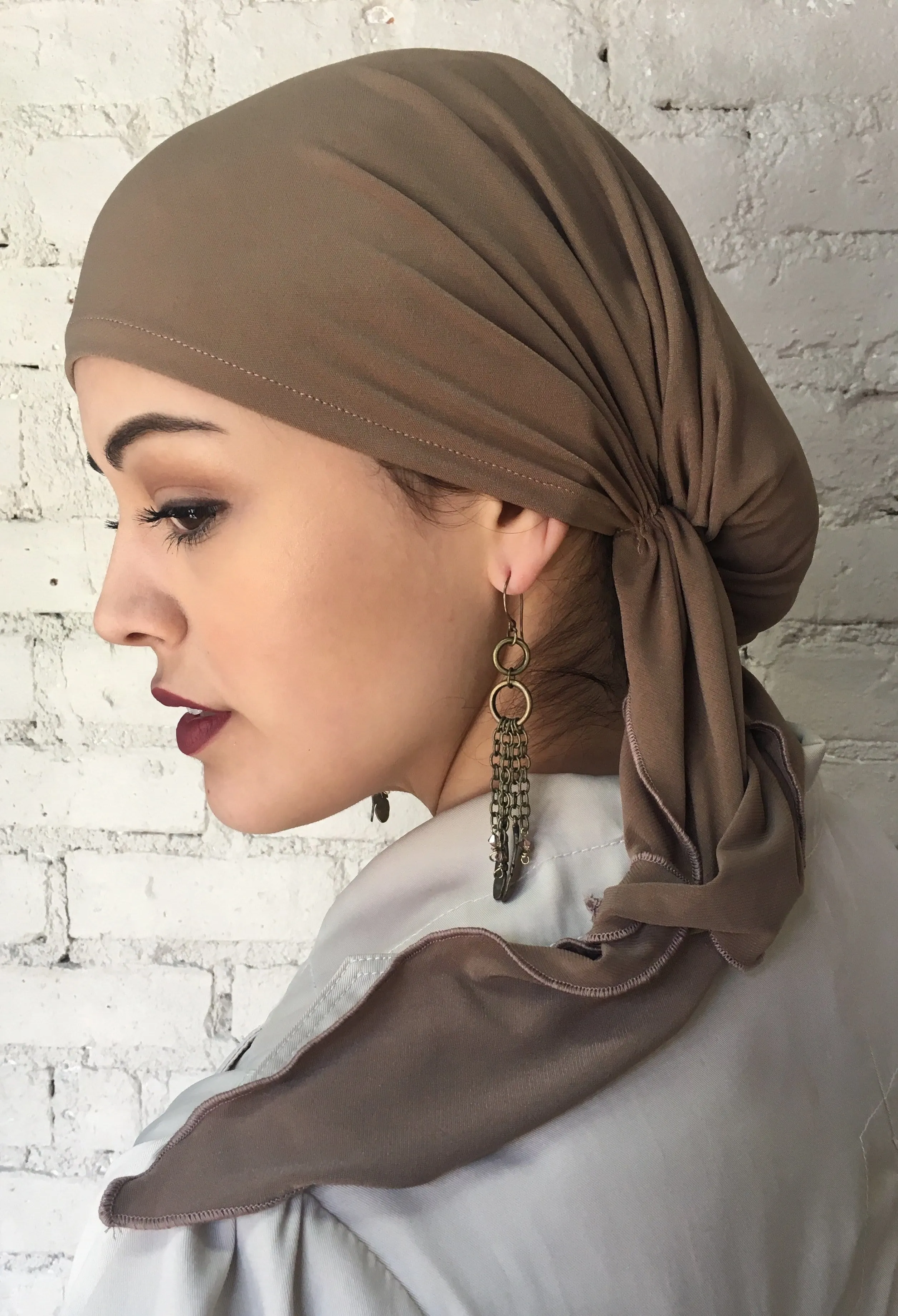 Women’s Headwear | Fashion Scarf Cap Hat. Tan Lycra Lightweight Hair Wrap | Head Scarf For Women | Modern Hijab | Made in USA