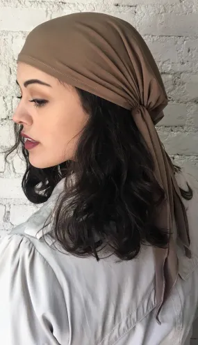 Women’s Headwear | Fashion Scarf Cap Hat. Tan Lycra Lightweight Hair Wrap | Head Scarf For Women | Modern Hijab | Made in USA