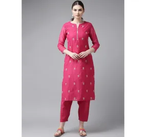 Women'S Pink & Cream-Coloured Embroidered Kurta With Trousers