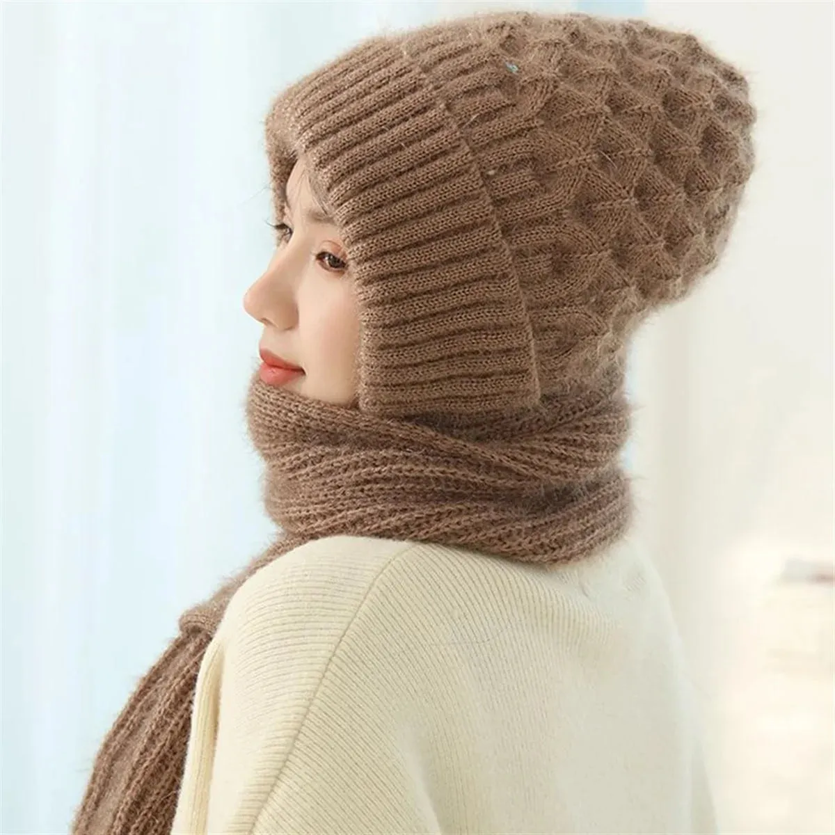 Women'S Plush-Lined Acrylic Balaclavas Hood Scarf Hat Windproof Integrated Ear Protector Fashionable Winter