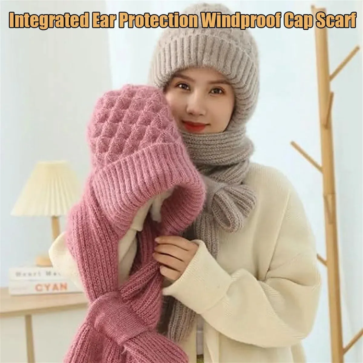 Women'S Plush-Lined Acrylic Balaclavas Hood Scarf Hat Windproof Integrated Ear Protector Fashionable Winter