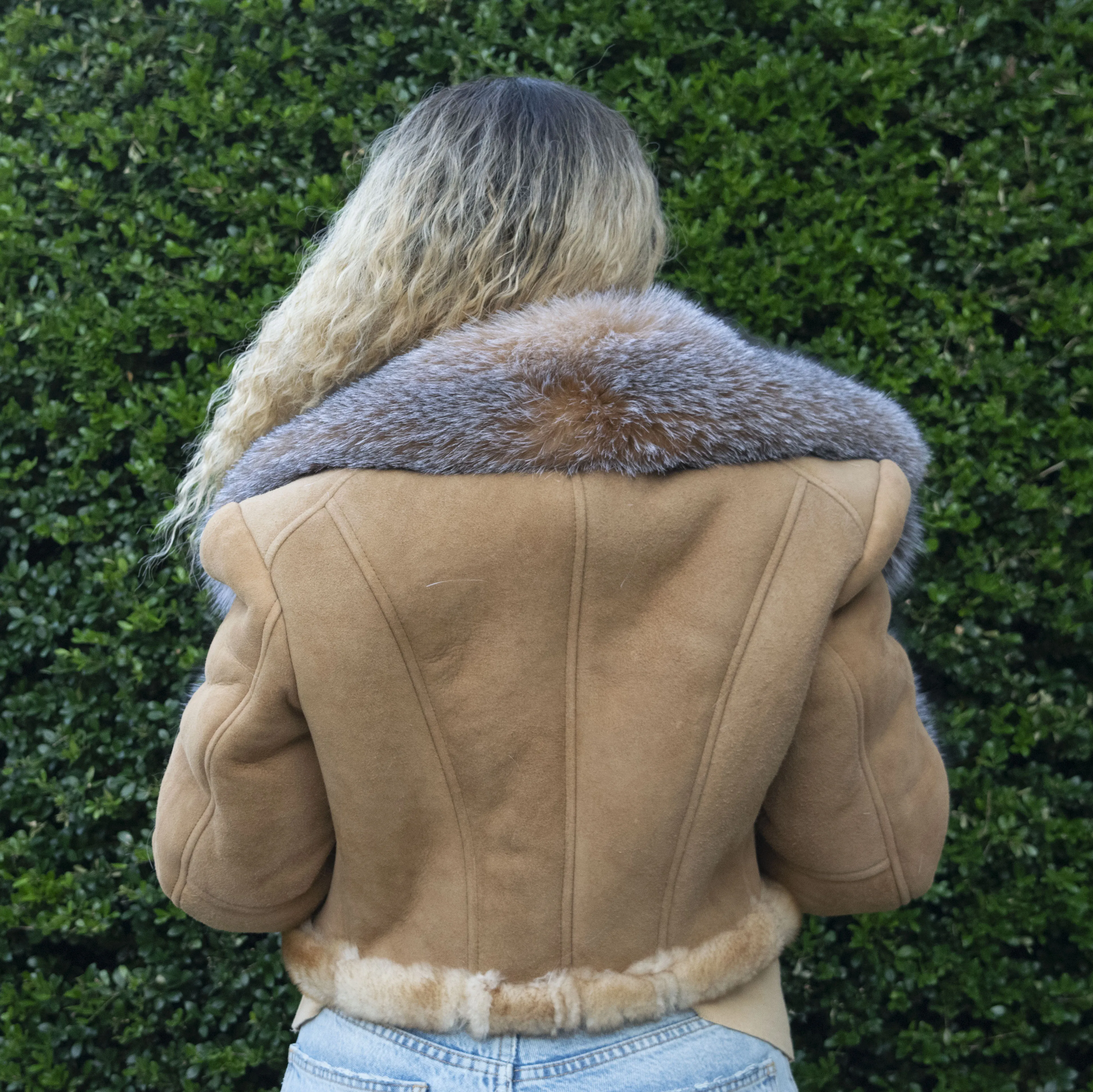 Women's Short Crop Shearling Sheepskin Leather Jacket with Crystal Fox Fur Style #1019