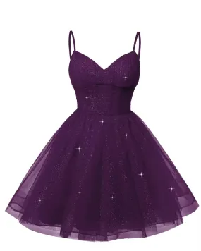 Women's V Neck Tulle Spaghetti Straps Plum Homecoming Dresses with Corset Back Short Prom Gowns for Teens